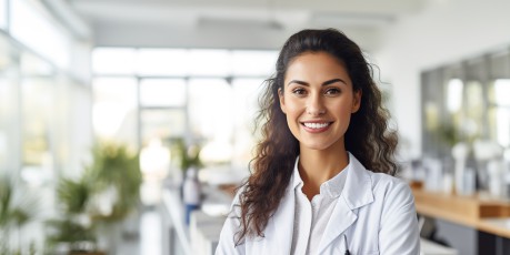 Junge Ärztin im Büro lächelt (KI-generiert)