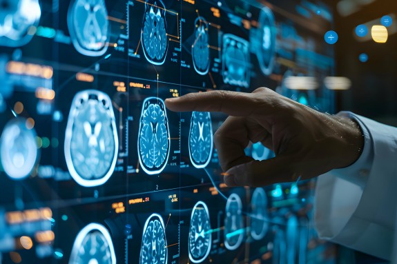 Arzt zeigt auf eine Wand voller CT-Hirn-Scans (KI-generiert)